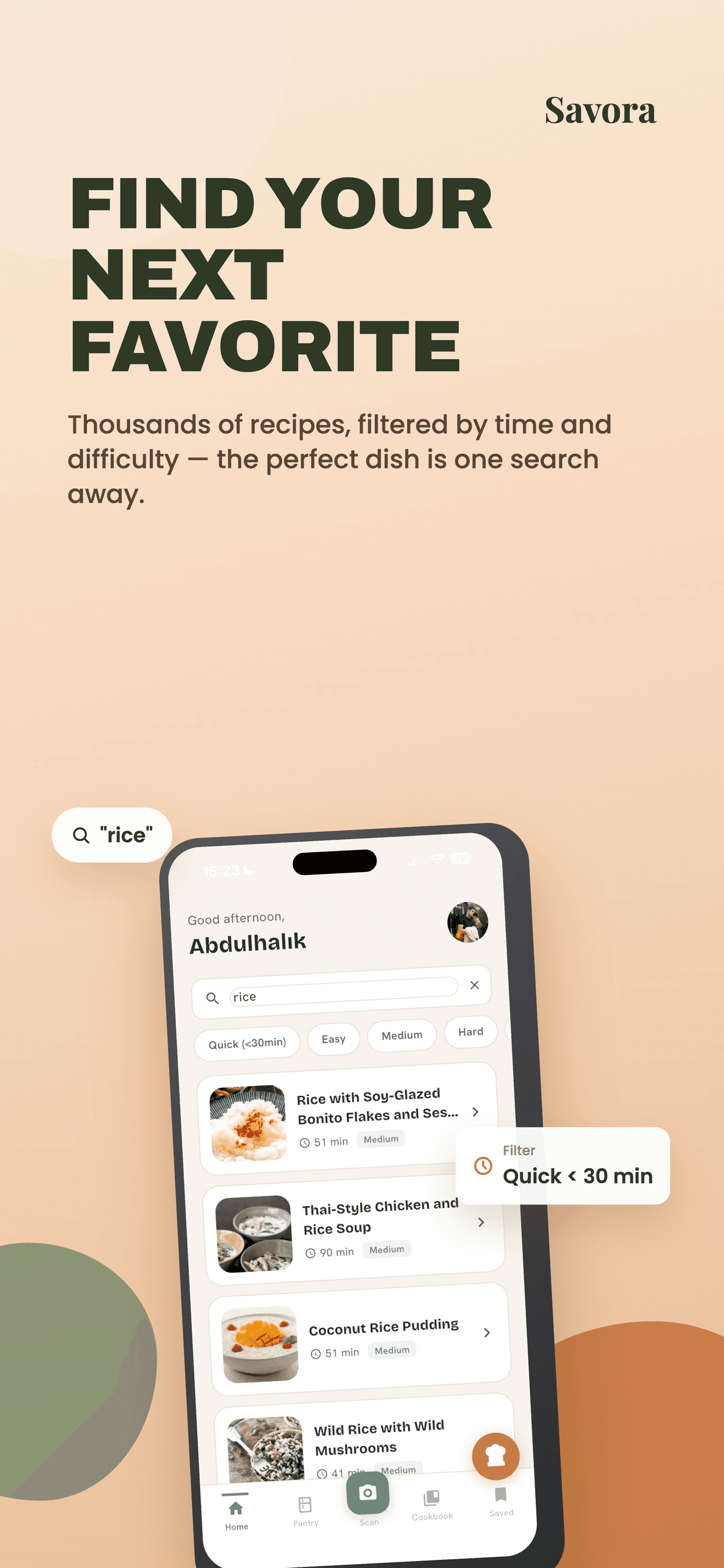 Savora recipe search — filter by time, difficulty, and ingredients