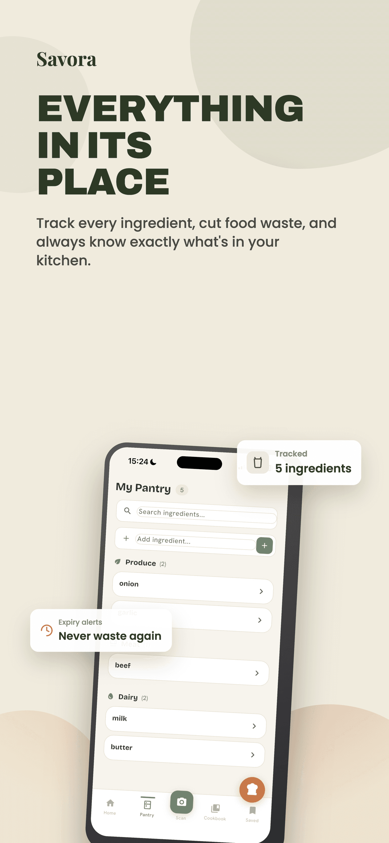 Savora pantry tracker showing tracked ingredients with expiry alerts