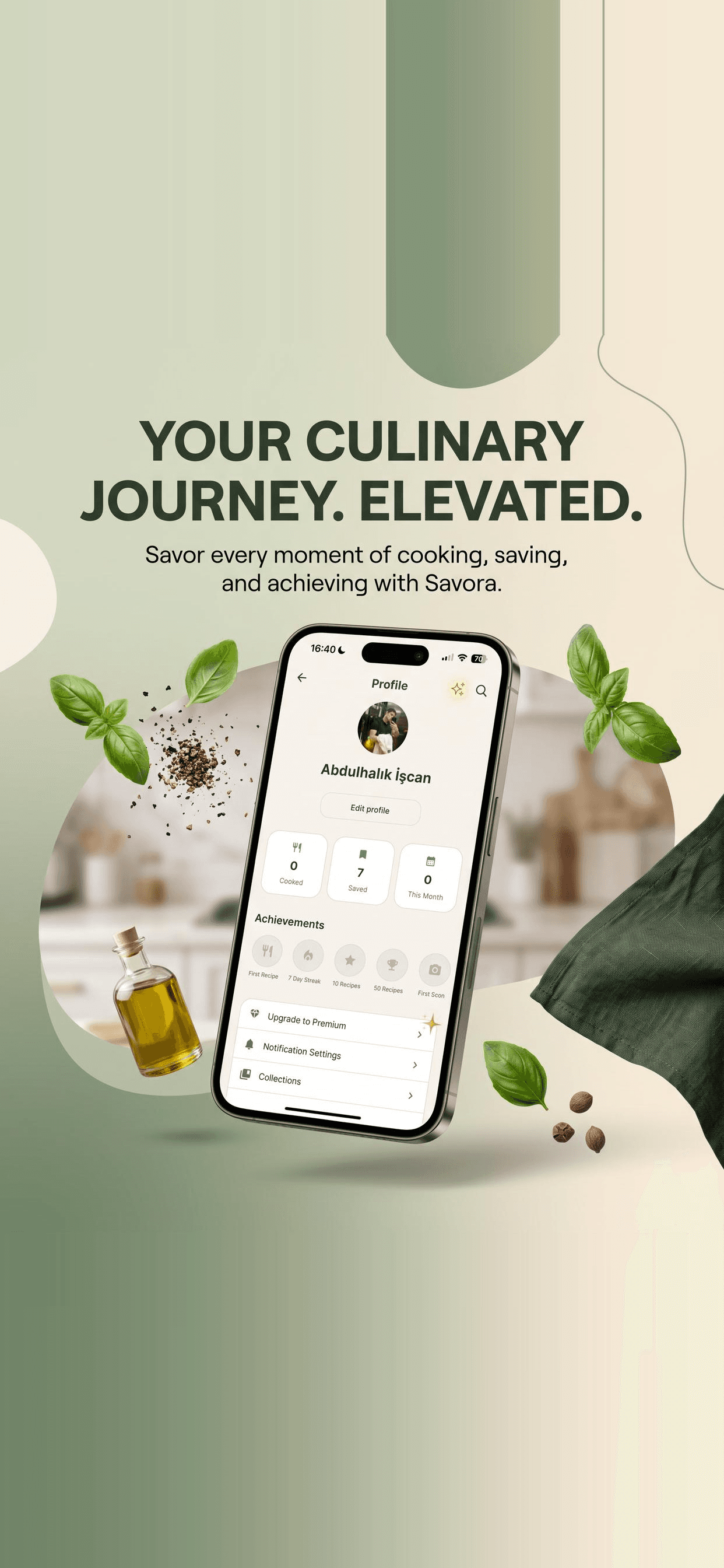 Savora app profile showing cooking achievements and collections